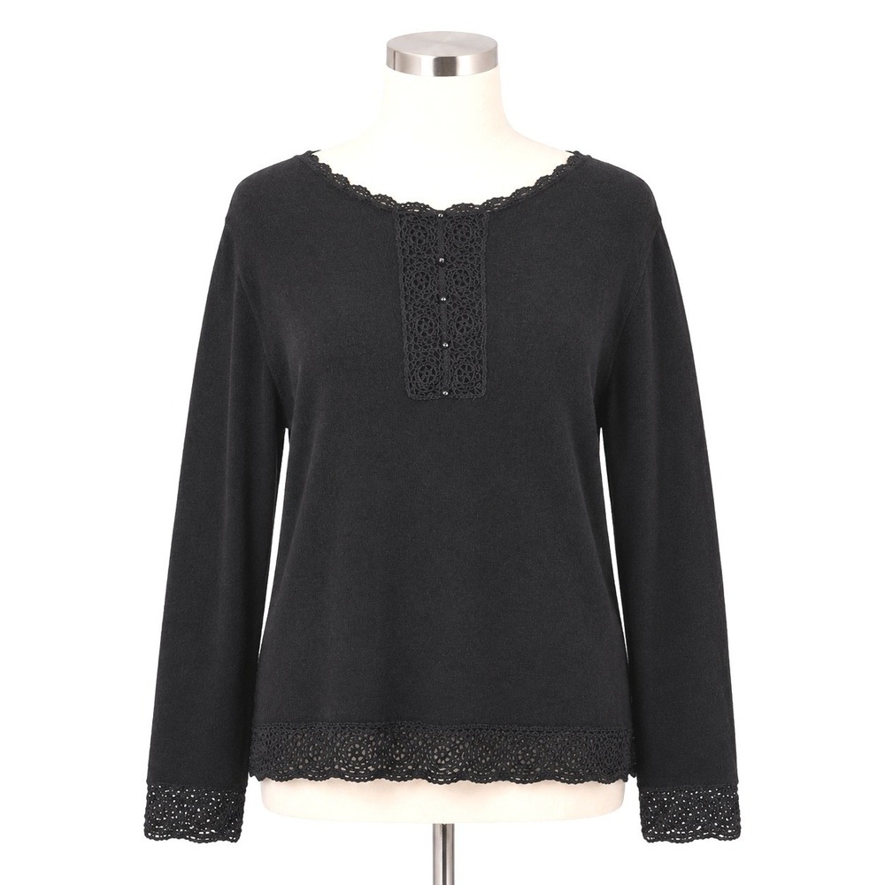 Jenny Sweater Size Large Black Crochet Lace Trim Long Sleeve Scoop Neck Knit Top
